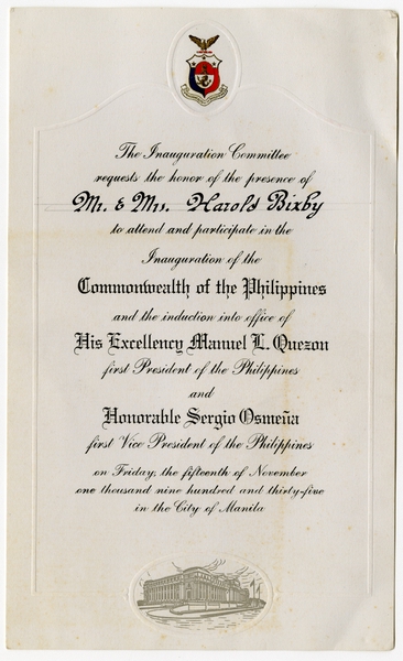 Image: event presentation card: Inauguration of Manuel Quezon, President of the Philippines
