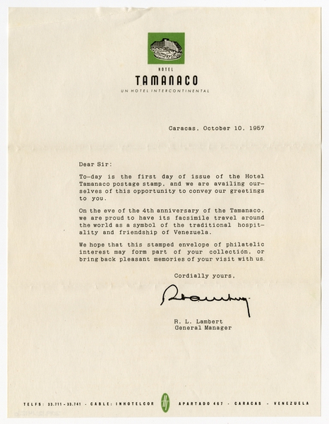 Image: airmail flight cover: first day of issue, Hotel Tamanaco