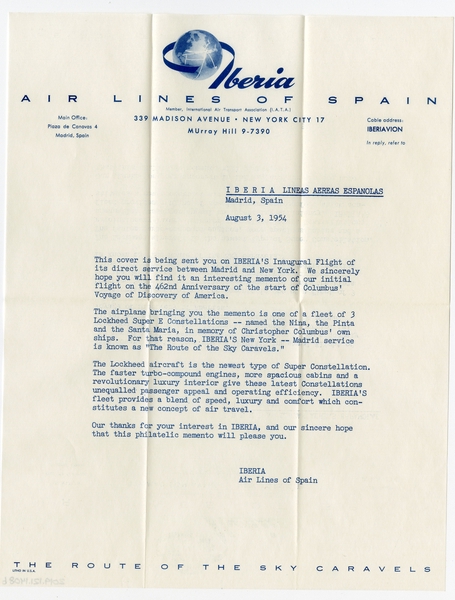 Image: airmail flight cover: Iberia, first flight, Madrid - New York - Madrid