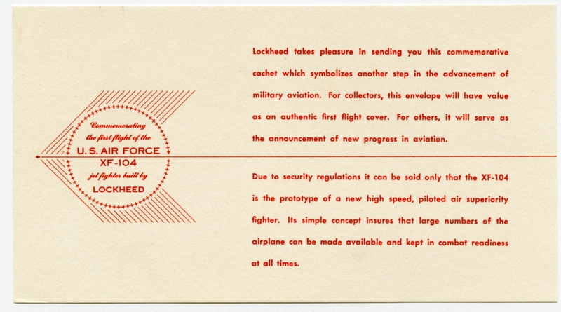 Image: airmail flight cover: U.S. Air Force, Lockheed XF-104