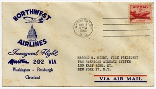 Image: airmail flight cover: Northwest Airlines, inaugural flight of Martin 2-0-2, Washington - Pittsburgh - Cleveland