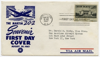 Image: airmail flight cover: first day of issue, Martin 2-0-2