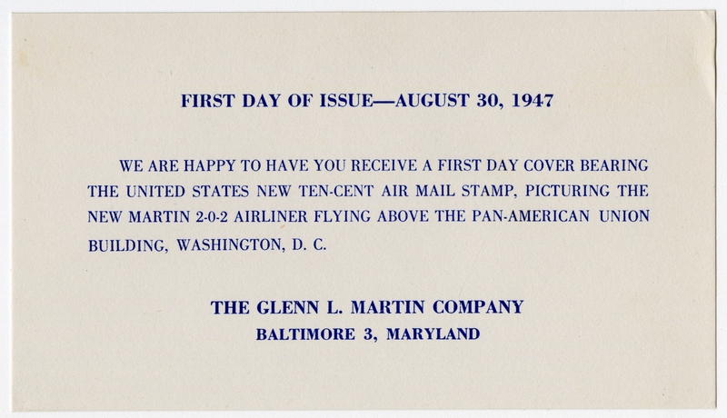 Image: airmail flight cover: first day of issue, Martin 2-0-2