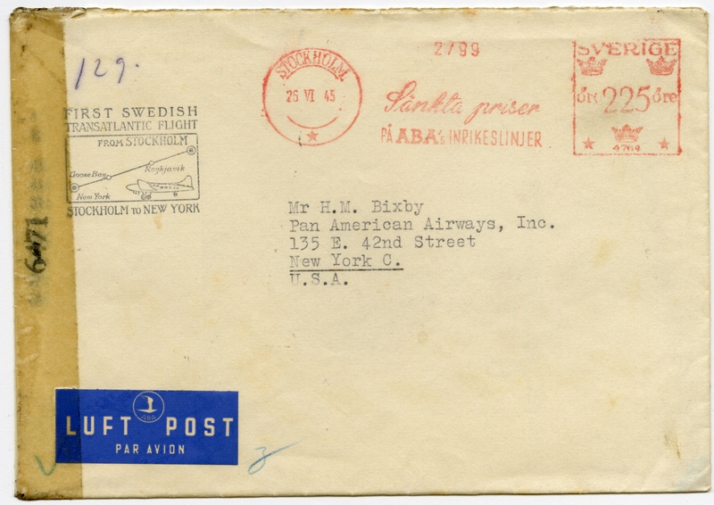 Image: airmail flight cover: Swedish Intercontinental Airlines (SILA) and AB Aerotransport (AB), first Swedish transatlantic flight