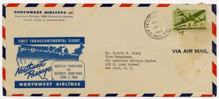Image: airmail flight cover: Northwest Airlines, first transcontinental flight, Seattle-Portland to Detroit-New York