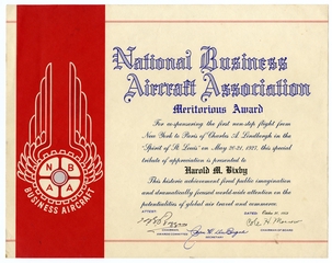 Image: certificate: National Business Aircraft Association to Harold M. Bixby