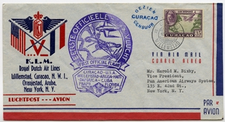 Image: airmail flight cover: KLM (Royal Dutch Airlines), first flight, Curaçao - U.S.A.