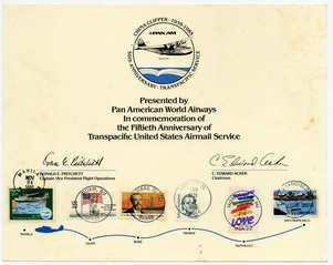 Image: commemorative souvenir certificate: Pan American World Airways, 50th anniversary of transpacific airmail service