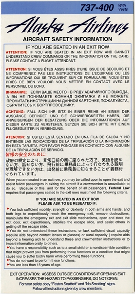 Image: safety information card: Alaska Airlines, Boeing 737-400
