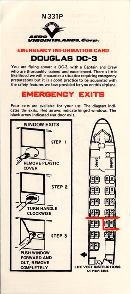 Image: safety information card: Aero Virgin Islands, Douglas DC-3