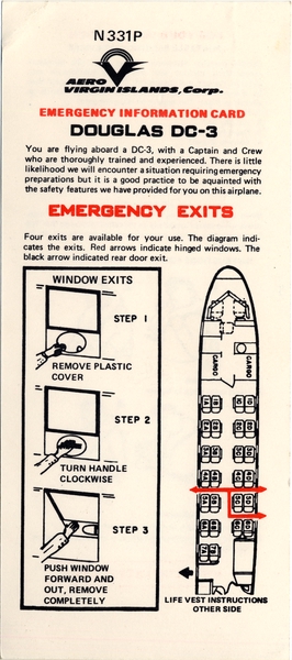 Image: safety information card: Aero Virgin Islands, Douglas DC-3