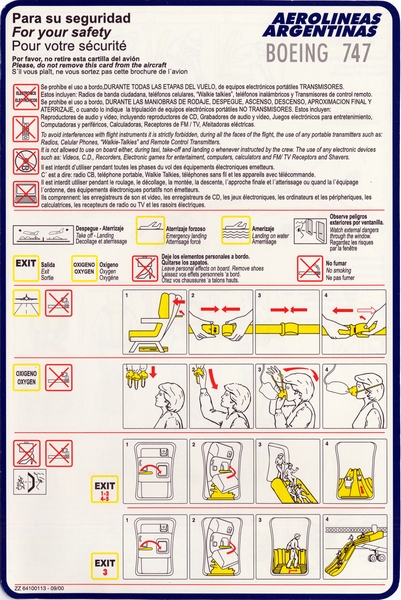 Image: safety information card: Aerolineas Argentinas, Boeing 747