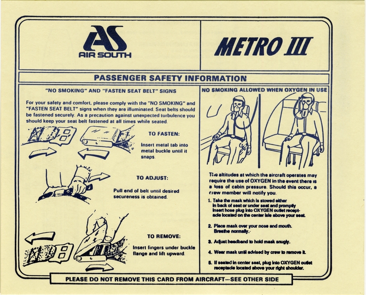 Image: safety information card: Air South, Fairchild (Swearingen) Metro III