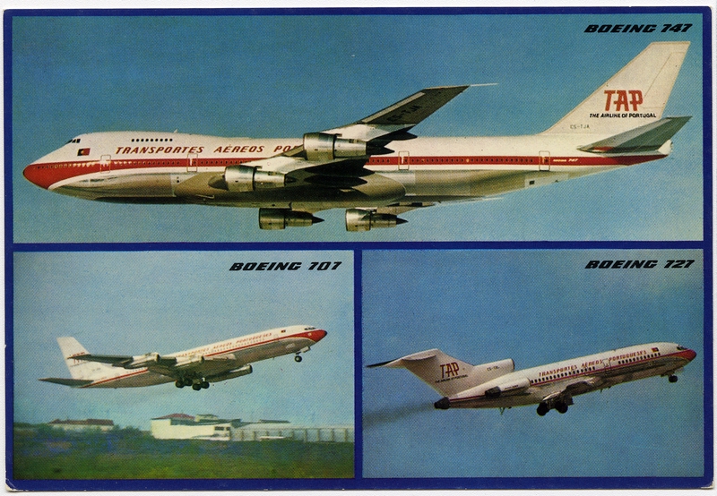 Image: postcard: TAP (Transportes Aereos Portugueses), Boeing 747-200, Boeing 727, Boeing 707