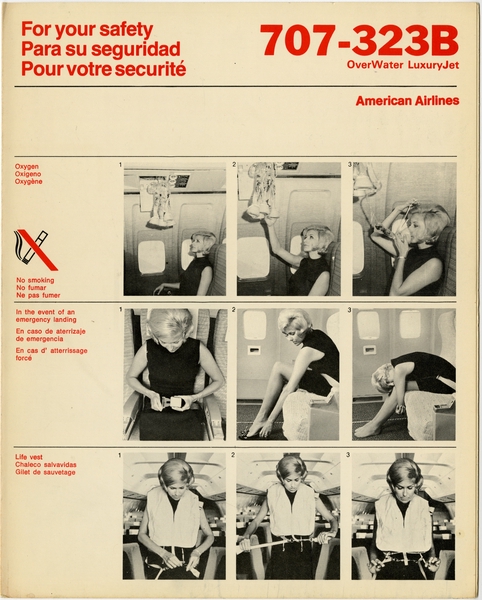 Image: safety information card: American Airlines, Boeing 707-323B, Boeing 727-323C