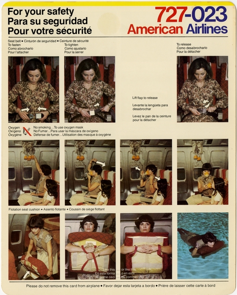 Image: safety information card: American Airlines, Boeing 727-023