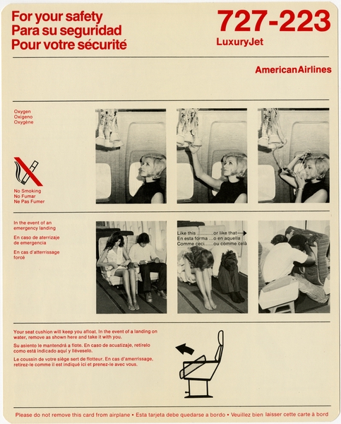 Image: safety information card: American Airlines, Boeing 727-223