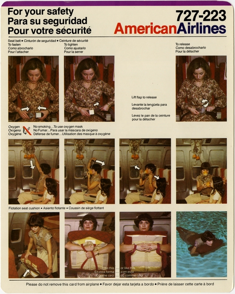Image: safety information card: American Airlines, Boeing 727-223