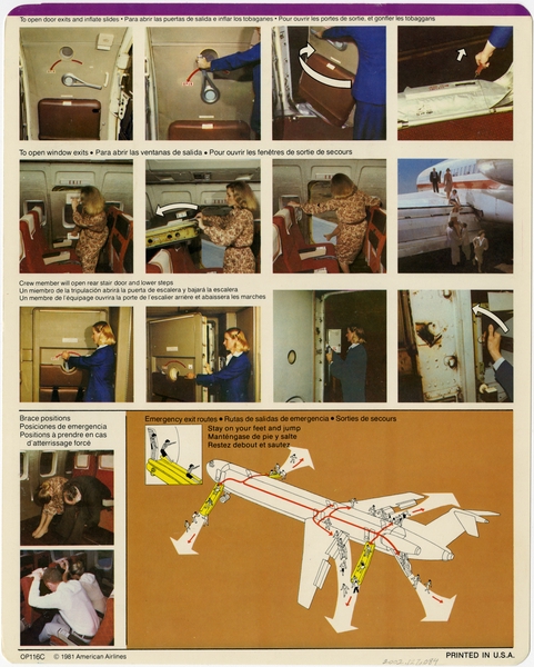 Image: safety information card: American Airlines, Boeing 727-223