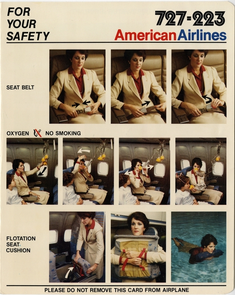 Image: safety information card: American Airlines, Boeing 727-223