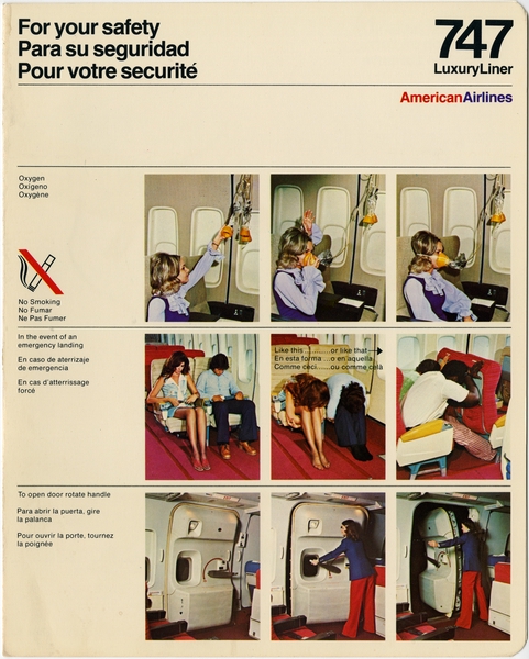 Image: safety information card: American Airlines, Boeing 747