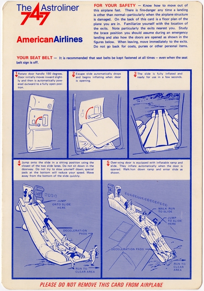 Image: safety information card: American Airlines, Boeing 747