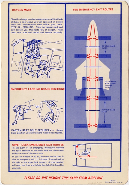 Image: safety information card: American Airlines, Boeing 747