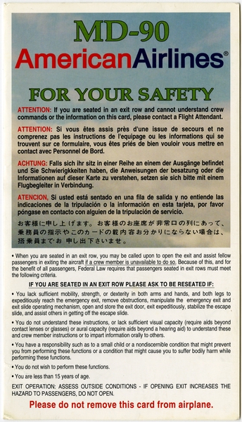 Image: safety information card: American Airlines, McDonnell Douglas MD-90