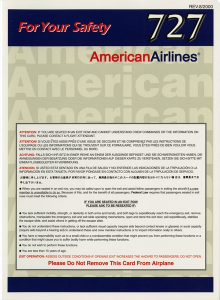 Image: safety information card: American Airlines, Boeing 727