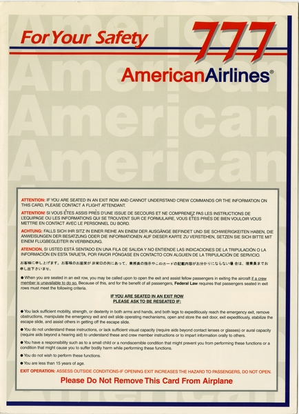 Image: safety information card: American Airlines, Boeing 777