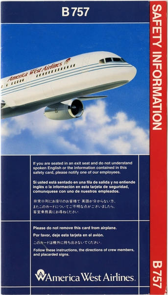 Image: safety information card: America West Airlines, Boeing 757