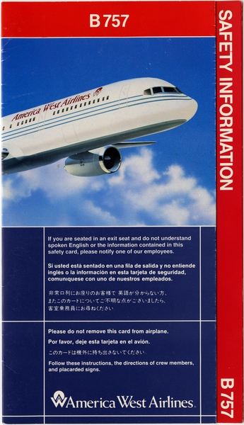 Image: safety information card: America West Airlines, Boeing 757