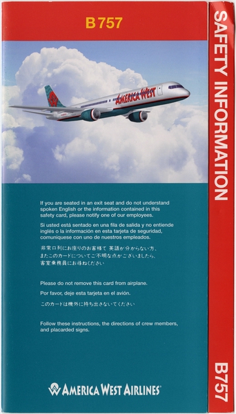 Image: safety information card: America West Airlines, Boeing 757