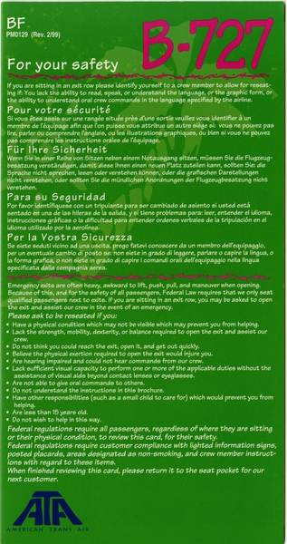 Image: safety information card: American Trans Air, Boeing 727