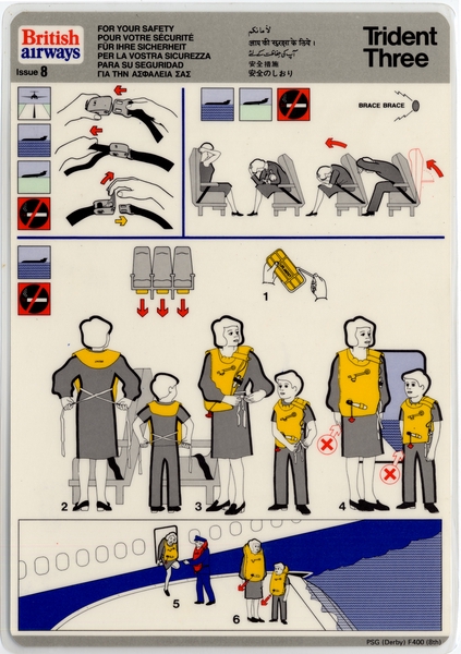 Image: safety information card: British Airways, Hawker Siddeley HS.121 Trident Three