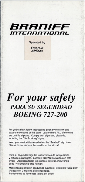 Image: safety information card: Braniff International, Emerald Airlines, Boeing 727-200