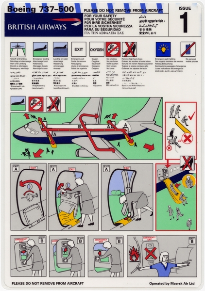 Image: safety information card: British Airways / Maersk Air, Boeing 737-500