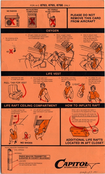 Image: safety information card: Capitol International Airways, Douglas DC-8 (8763/8765/8766)