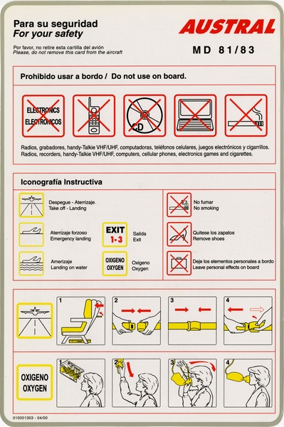 Image: safety information card: Air Austral, McDonnell Douglas MD 81/83