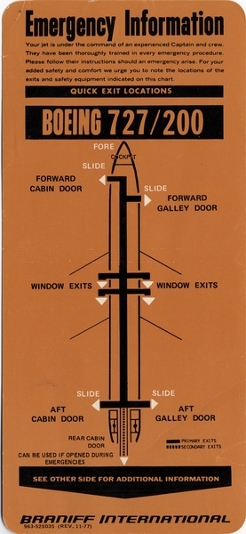 Image: safety information card: Braniff International, Boeing 727-200