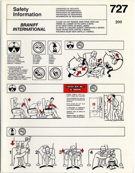 Image: safety information card: Braniff International, Boeing 727-200