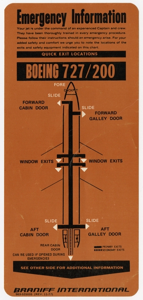 Image: safety information card: Braniff International, Boeing 727-200