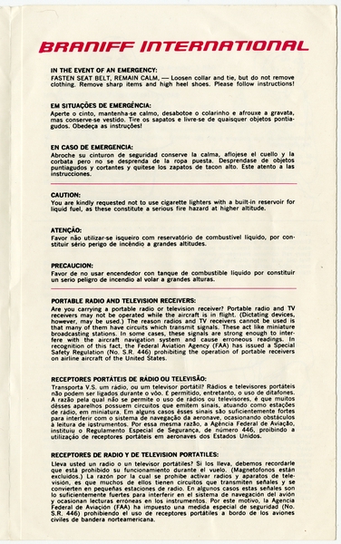 Image: safety information card: Braniff International