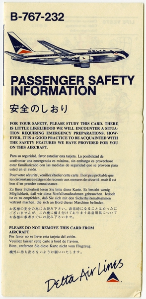 Image: safety information card: Delta Air Lines, Boeing 767-232