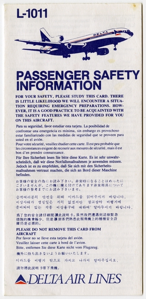 Image: safety information card: Delta Air Lines, Lockheed L-1011 TriStar