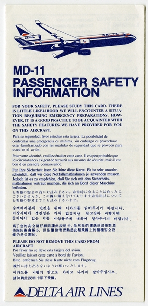 Image: safety information card: Delta Air Lines, McDonnell Douglas MD-11