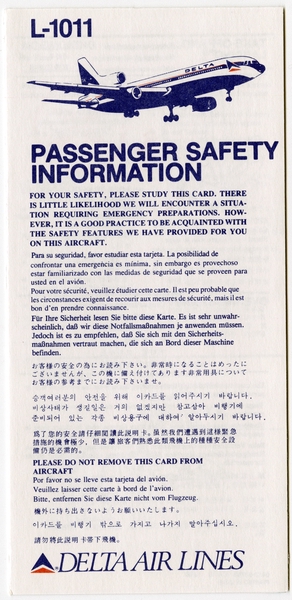 Image: safety information card: Delta Air Lines, Lockheed L-1011 TriStar
