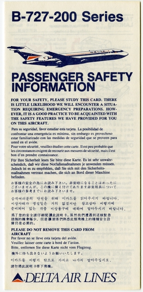 Image: safety information card: Delta Air Lines, Boeing 727-200