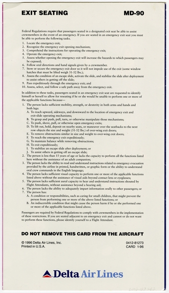 Image: safety information card: Delta Air Lines, McDonnell Douglas MD-90