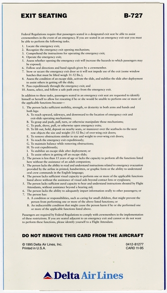 Image: safety information card: Delta Air Lines, Boeing 727